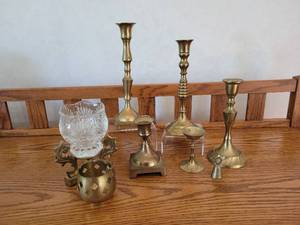 lot 84 image: Lot of Brass Candlesticks, Candle Holders, and Tiny Bell
