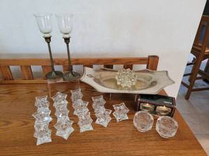 lot 92 image: Lot of Glass Candle Holders and Silver-Toned Tray