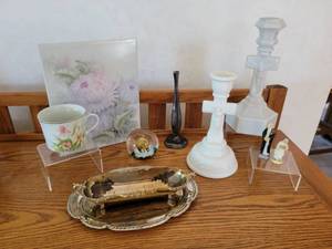 lot 96 image: Pair of Crucifix Candlesticks, Silverplated Tray, Dish, and Bud Vase, Selkirk Glass Paperweight