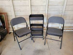 lot 111 image: (2) Metal Folding Chairs and Rolling Steel Cart