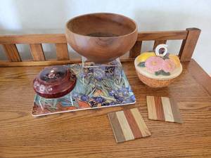 lot 113 image: Butternut Wood Bowl, Plastic Tray of Van Goghs Irises, and More