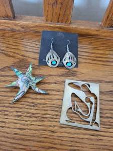 lot 151 image: Sterling Silver Henri Matisse Pin, Abalone and Sterling Silver Pin, and Sterling Silver Earrings with Turquoise