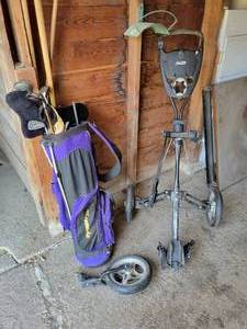 lot 407 image: Mens LH Golf Clubs - Taylor made and More  Bag Boy Company Cart