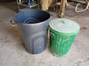 lot 415 image: Galvanized Steel Trashcan with Lid and Rubbermaid Trash Can