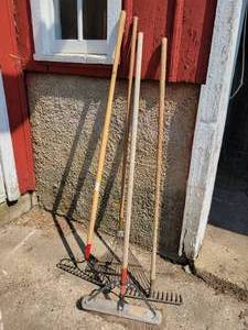 lot 420 image: (3) Rakes and a Push Broom