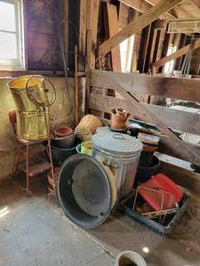 lot 439 image: Galvanized Trash Can, Topiary Form, Many Plastic Pots and More in Corner