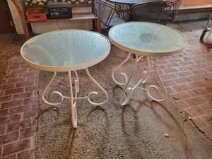 lot 446 image: (2) Glass Top Patio Tables - Tops come off and legs fold up