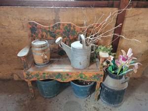 lot 448 image: Painted Wood Bench (44 x 18 x 41) Milk Can and Dcor