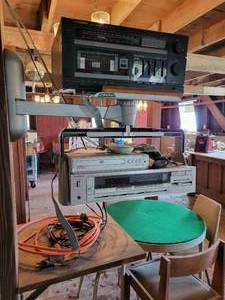 lot 465 image: Technics Model SA-210 Receiver, DVD Player and Fisher Model MC-705 Turntable and Cassette Player - All Power On