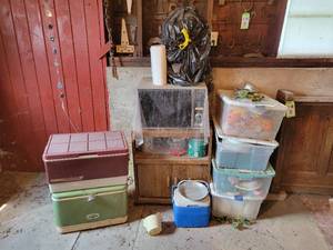 lot 469 image: Microwave with Stand, Dcor, Party Supplies, Coolers and More