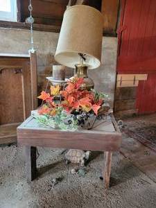 lot 471 image: Turtle Statues, Brass Lamp, Dcor and Table