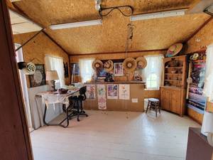 lot 478 image: Contents of Former Studio Room - Easel, Tools, Shelves, Pottery, Art Table, Shelf and More