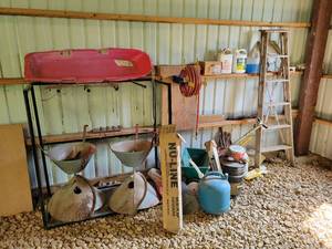 lot 490 image: (2) Spread-Master Spin-Levels, Fuel Cans, Rack, Air Hose and Reel (Bring tools to remove)m Freightliner Cutouts, ladder and More