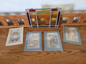 lot 177 image: Small Stained Glass Panel with (4) Matted Prints by Sue Manske of New Richmond, WI