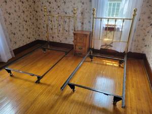 lot 184 image: Pair of Brass Twin Size Headboards with Bedframes and Night Stand