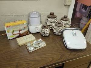 lot 194 image: Lot of Modern & Vintage Kitchen Items - Apple Peeler, Ceramic Canisters, Tartlet Tins, and More