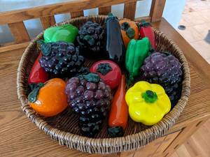 lot 122 image: Basket with Glass Fruits and Vegetables