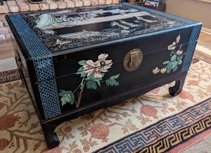 lot 100 image: Black Lacquer Hand CarvedPainted Chinese Chest