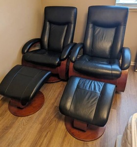 lot 116 image: Pair Of Faux Leather Stressless Style Recliners With Ottomans