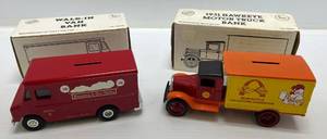 lot 52 image: Two 1990 Ertl Collectibles Die- Cast Metal Banks With Liquor Advertisement 1 Jim Beam Beaming Is Our Hobby Walk In Van 1 Jim Beam (St. Louis Beam Bottle Collectors Convention) 1931 Hawkeye Motor Truck