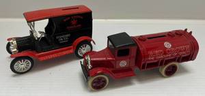 lot 58 image: Two  Ertl Collectibles Die- Cast Metal Banks (No Boxes)  With Gasoline Advertisement 1 ( Red Crown Standard Oil Co. Indiana ) 1912 Open Front Panel Side Truck 1 ( Red Crown ) Tanker Truck