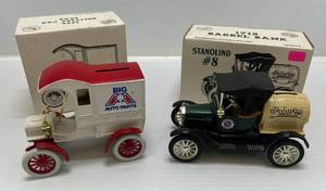 lot 63 image: Two  Ertl Collectibles Die- Cast Metal Banks&nbsp 1 (Big A Auto Parts) Limited Edition 1905 Fords First Delivery Car 1 1991 ( Polarine Oil &amp Greases ) 1918 Ford Model T Runabout