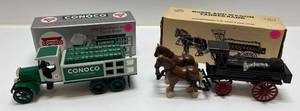 lot 78 image: Two Ertl Collectibles Die-Cast Metal Banks 1 1990 ( Pacific Coast Oil Company ) Horse And Wagon Tanker 1 1993 ( CONOCO ) 1925 Kenworth Stake Truck