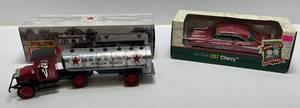 lot 98 image: Two 1999 Ertl Collectibles Die-Cast Metal Banks&nbsp 1 ( Texaco ) Special Edition 1920 Pierce Arrow Cab With Tanker 1 ( Fire Chief Gasoline ) 1957 Chevy)