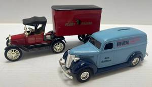 lot 143 image: Two Ertl Collectibles Die-Cast Metal Banks ( No Boxes ) 1 ( Big Bear Family Centers ) Panel Delivery Truck 1 (  Fleet Farm )  1918 Ford Model T Runabout With Trailer
