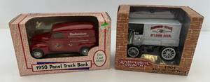 lot 153 image: Two Ertl Collectibles Die-Cast Metal Banks 1 1992 ( Budweiser ) 1950 Panel Truck1 2000  ( Anheuser Busch ) 1904 Know Delivery Truck