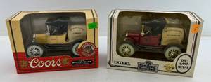 lot 155 image: Two Ertl Collectibles Die-Cast Metal Banks 1 1988 ( Anheuser Busch ) 1918 Runabout 1 1995 ( Coors ) 1918 Barrel Truck