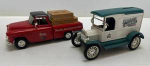 lot 172 image: Two Ertl Collectibles Die-Cast Metal Banks ( No Boxes ) 1  ( Coors ) 1955 Chevy Cameo Pickup Truck 1 (  Coors )  1917 Model T Van