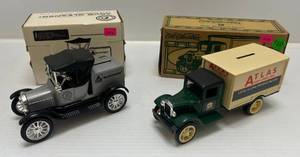lot 175 image: Two Ertl Collectibles Die-Cast Metal Banks&nbsp 1 1993 ( 70th Anniversary Agco Gleaner Combine ) 1918 Runabout 1 1995 (  Atlas Van Lines ) 1931 Hawkeye Truck