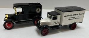 lot 227 image: Two Ertl Collectibles Die-Cast Metal Banks ( No Boxes ) 1 ( BELL American Telephone & Telegraph Company ) 1913 Ford Model  T Van 1 ( Asheville Office Supply )  1931 Hawkeye