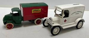 lot 230 image: Two Ertl Collectibles Die-Cast Metal Banks ( No Boxes ) 1  ( Franco American ) 1926 1 ( Bushkill Emergency Corps ) 1917 Ford Model T Van