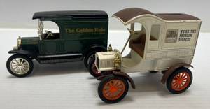 lot 253 image: Two Ertl Collectibles Die-Cast Metal Banks ( No Boxes ) 1 ( Trust Worthy Hardware )  1905 Fords First Delivery Car 1 ( The Golden Rule ) Ford 1917 Model T Van