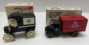 lot 282 image: Two Ertl Collectibles Die-Cast Metal Banks 1 1989 ( Big A&nbsp Auto Parts ) 1926 Mack Delivery Truck 1 ( Bell Systems ) 1905 Delivery Car