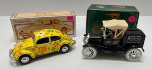 lot 296 image: Two Ertl Collectibles Die-Cast Metal Banks 1 1994 ( Snap-On ) 1920 Ford Runabout 1 1999  ( Y2K Millennium Bug )  Beetle Sedan With Flowers