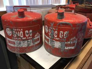 lot 166 image: 2 Vintage Metal SNO GO 5 Gallon Gas Cans