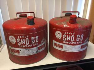 lot 169 image: 2 Vintage Metal SNO GO 5 Gallon Gas Cans