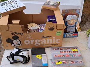 lot 1045 image: VR Goggles, iPad Mini Folio, Nintendo Playing With Power Game Book, Dancing Bubbe, Various Wall Art, Cube-tastic