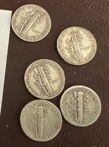 LOT OF 5 SILVER MERCURY DIMES