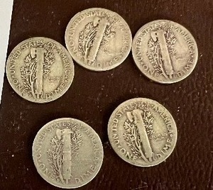LOT OF 5 SILVER MERCURY DIMES