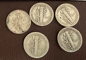 LOT OF 5 SILVER MERCURY DIMES