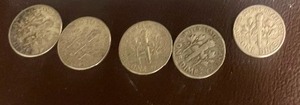 LOT OF 5 SILVER ROOSEVELT DIMES FROM THE 1950S