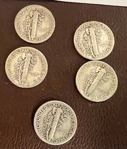 LOT OF 5 SILVER MERCURY DIMES