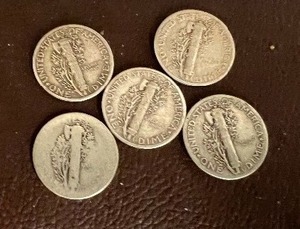 LOT OF 5 SILVER MERCURY DIMES