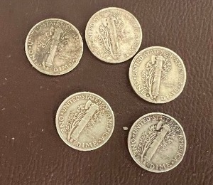LOT OF 5 SILVER MERCURY DIMES