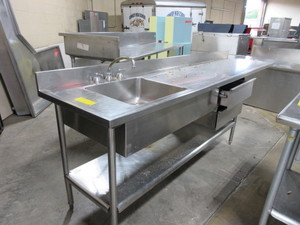 lot 236 image: STAINLESS STEEL CONTERTOP WITH SINK AND STORAGE