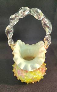 lot 55 image: Vintage Hobnail Basket with Rainbow Spatter Overlay